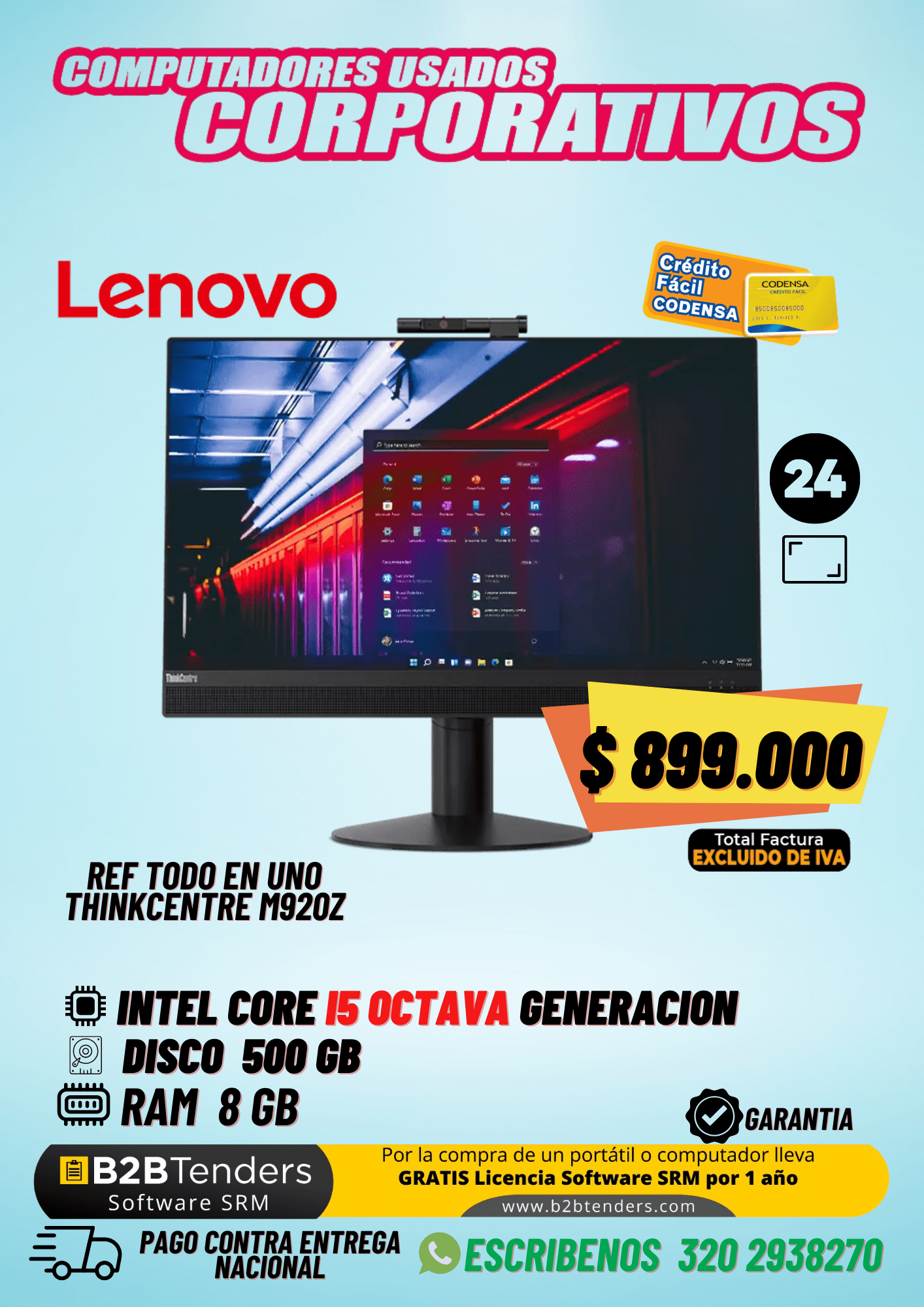 Lenovo ThinkCentre M920z All-in-One | Core i5 8va | 8GB RAM | 500GB | Computador Corporativo Usado
